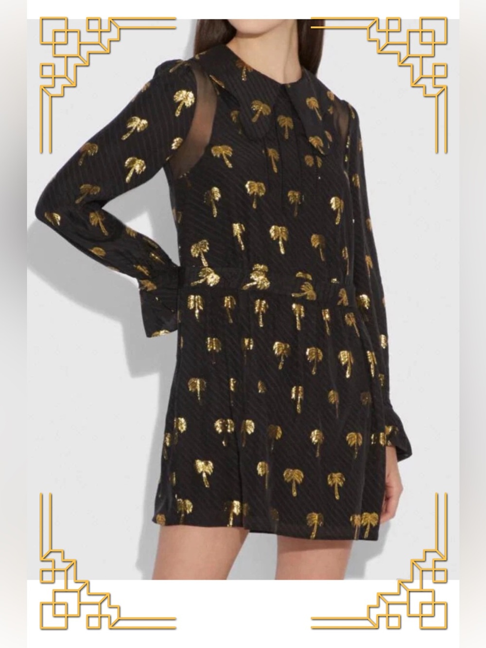 NWT Coach Page Boy Silk Blend Gold Palm Tree Long Sleeve Mini Dress Black Sz 2